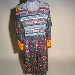 Vintage Afghan Kuchi Tribal Dress Heavy Beaded Coin Boho Festival Maxi L XL